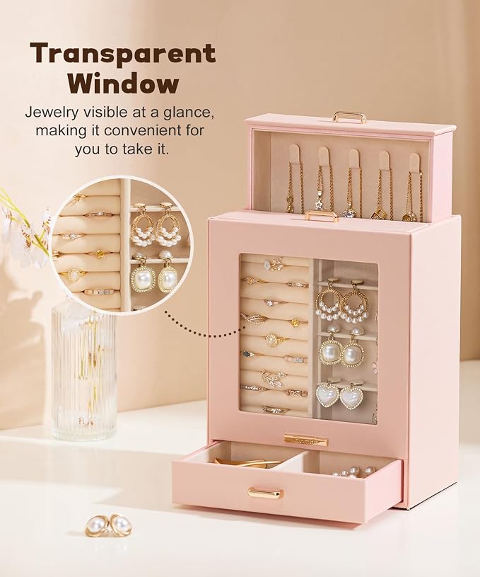 Homde Display Jewelry Box for Girls: Starter Organizer with Clear Window | Vertical Drawers for Earrings Rings Necklaces - Compact Footprint Fits Small Vanities - Birthday&Graduation Gift for Teens