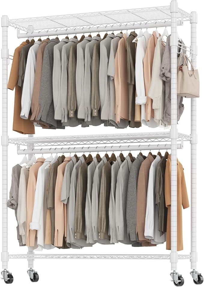 BATHWA Clothes Racks for Hanging Clothes, 25 mm tube Heavy Duty 47.3" W x 17.7" D x 80.7" H Large Wardrobe Rack with Shelves & Wheels Rolling Metal Commercial Multifuctional, White