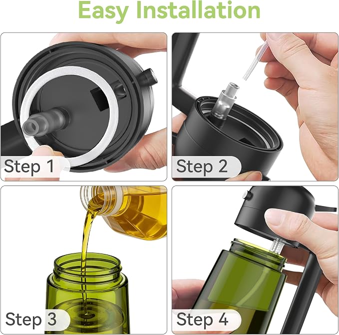 USLAI Oil Sprayer for Cooking, 16oz/470ml 2 in 1 Glass Olive Oil Dispenser Bottle for Kitchen, Air Fryer, BBQ and Salad - Black White