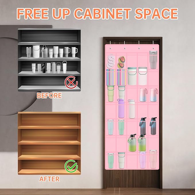 NiHome 35 Pockets Door Hanging Cup Organizer Fit for Stanley Tumblers, Pink | Large Capacity Over the Door Water Bottle Organizer in Kitchen, Pantry, Classroom, Elastic Mesh Secure Storage Cup Holder