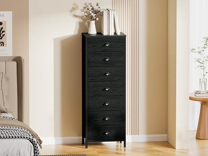 Furnulem Black Bedroom Dresser, Tall Chests of Drawers with 7 Fabric Bins | Sturdy Steel Frame, Wooden Top, Organizer in Closet, Tall Nightstand for Dorm, Living Room, Hallyway-Storage Tower Unit