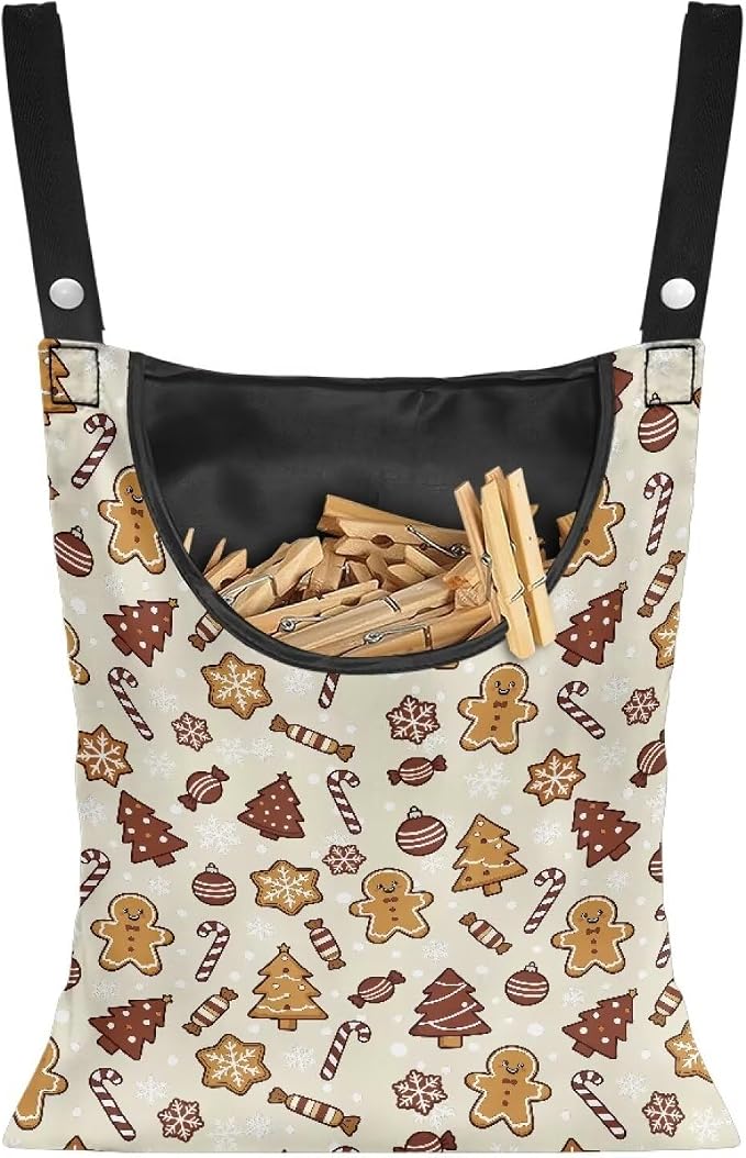 Gingerbread Man Clothespin Bag with Hanging Hook Christmas Clothes Pin Holder Waterproof Clothespin Storage Organizer with Large Opening Clothespin Bag for Clothesline Outdoor