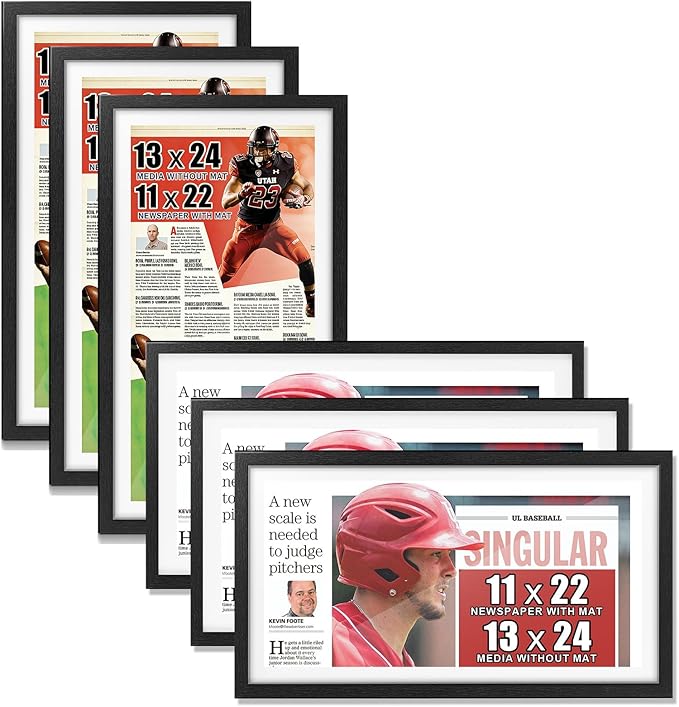 JupDec 11 × 22 Up to 13 × 24 Newspaper Frame, Premium Wood Display Case with Acrylic Panel, Wall Mount or Tabletop Stand, Perfect for Home & Office Decor, Ideal Gift for Collector, 6 Pack, White