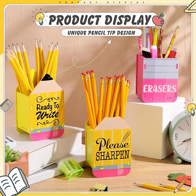 DoubleFill 3 Pcs Sharp and Dull Pencil Holder Eraser Buckets Wooden Shaped Dispenser for Back to School Teachers Classroom Management(Yellow Ready to Write)