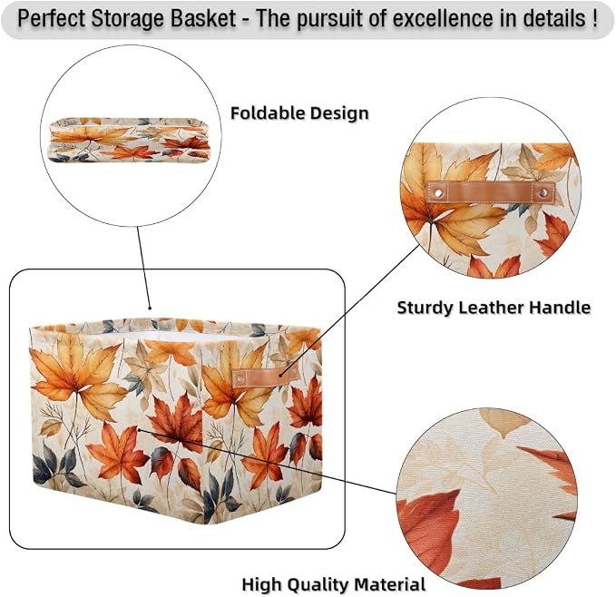 Rectangular Storage Bins Autumn Maple Leaves Pattern Collapsible Fabric Storage Basket Organizer with Handles for Nursery Bedroom Bathroom