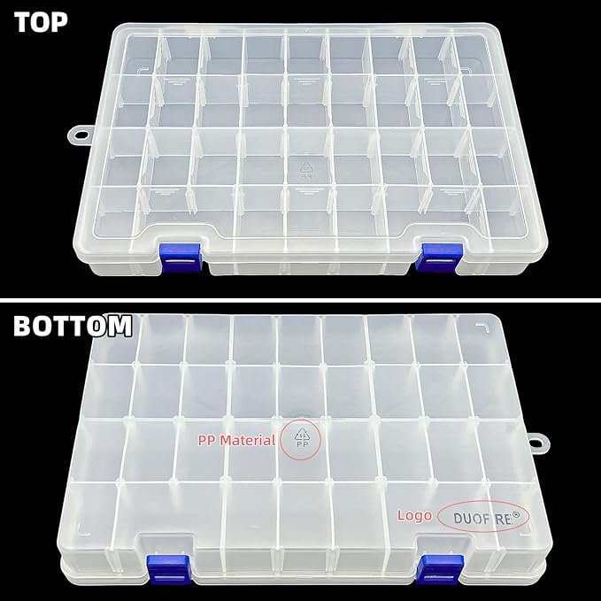 DUOFIRE Plastic Organizer Container Storage Box Adjustable Divider Removable Grid Compartment for Jewelry Beads Earring Container Tool Fishing Hook Small Accessories(34 Grids, White X 2 Pack)