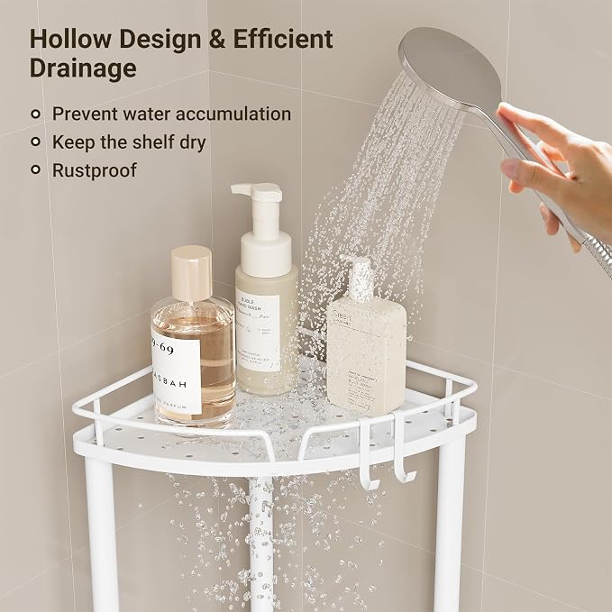 ELYKEN Corner Shower Caddy Standing, 4 Tier Rustproof Metal Shower Organizer with Soap Holder, Floor Shower Corner Shelf Rack Storage Stands with Adjustable Feet & 2 Hooks for Bathroom, White
