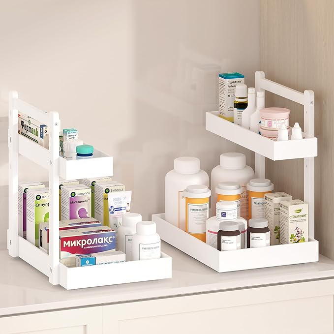 Under Sink Organizer - 1-Tier Pull Out Cabinet Organizer Vertical Slide Out Sink Shelf Storage Shelves for Multi-Purpose Bath Kitchen Bathroom Medicine (White, 2 Packs)