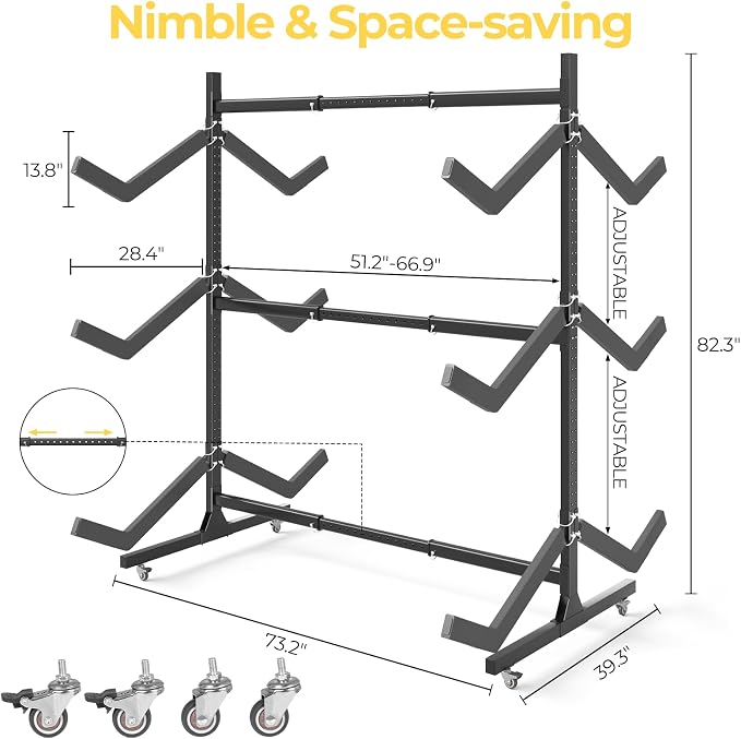 Freestanding Adjustable Kayak Storage Rack, 2 Sides Kayak Bracket, Durable Kayak Rack with Lockable Wheels for Indoor, Outdoor, Garage, Shed, Dock
