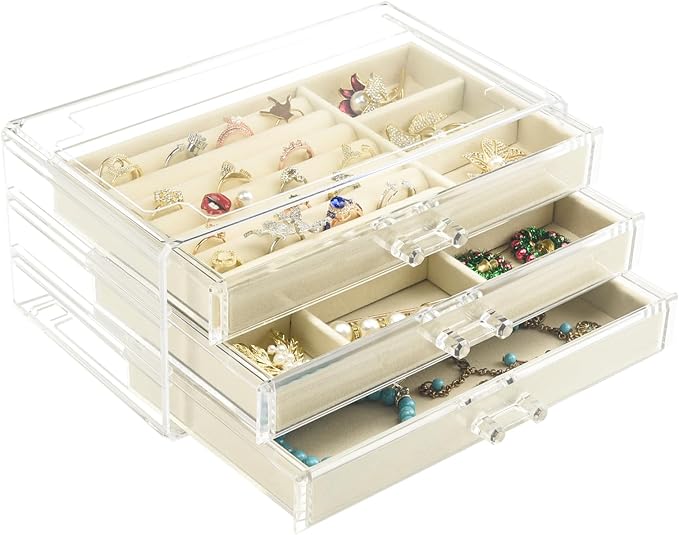 Weiai 3 Drawer Acrylic Jewelry Box Organizer Earring Storage Case Tray for Women
