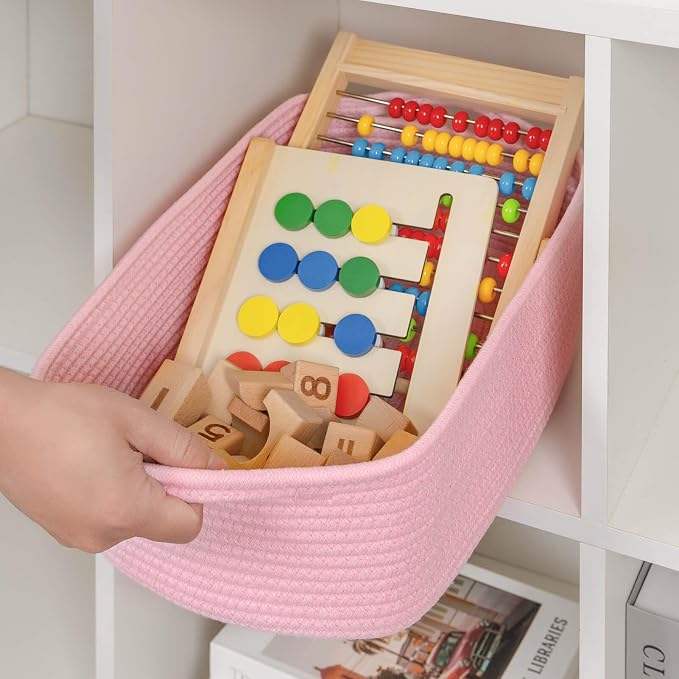 CubesLand Cute and Durable Small Cotton Rope Basket for Organizing | Woven Closet Storage Bin,Shelves Closet Storage Basket, Bathroom Storage Organizer Bin, Nursery Toy Basket Bin, Pink Basket