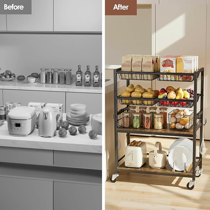 Fruit Vegetable Storage Cart, 4 Detachable Basket | 4-Tier Kitchen Rolling Storage Cart, Fruit & Vegetables Stand, Snack Organizer for Kitchen, Bathroom, Living Room