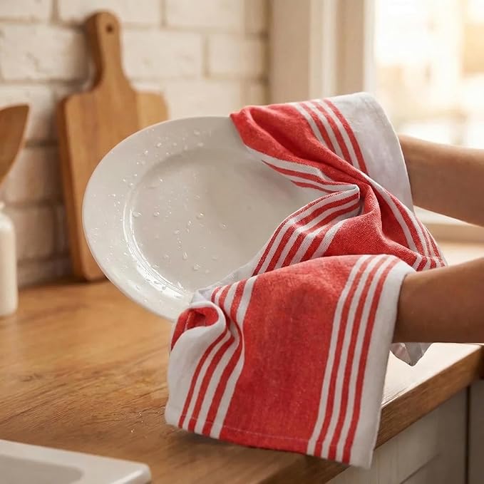 Urban Villa Kitchen Towels 100% Cotton Dish Towels for Kitchen (Set of 6) 20”x30” Dish Cloths Highly Absorbent Kitchen Linen Set with Hanging Loop Perfect for Drying Dishes Cleaning Towels-Red White