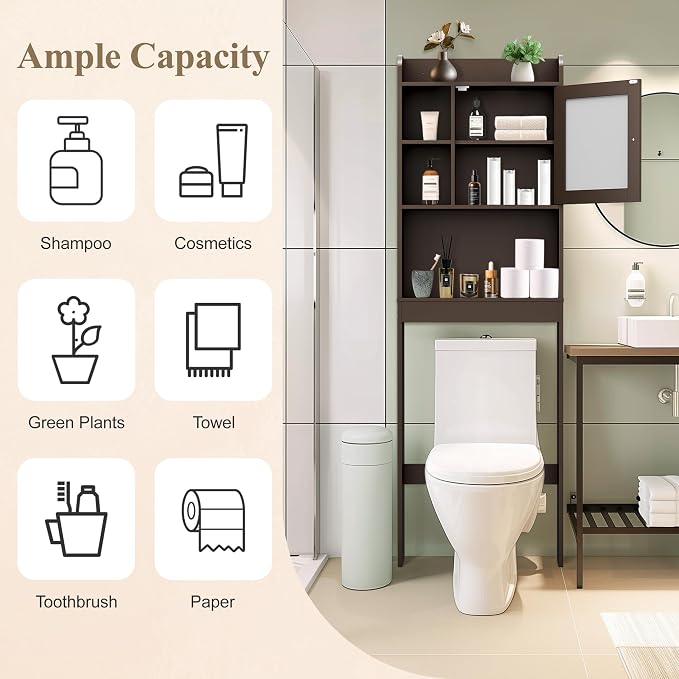 ZENY Over The Toilet Storage Cabinet, Bathroom Organizer with Adjustable Shelf and Double Doors, Freestanding Bathroom Space Saver Toilet Rack (Brown)