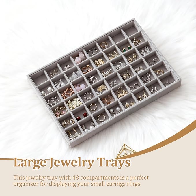 Large Jewelry Organizer for Drawer Insert Velvet Stackable Jewelry Trays for Earring Necklace Bracelet Ring Display (Gray, 48 Grids)