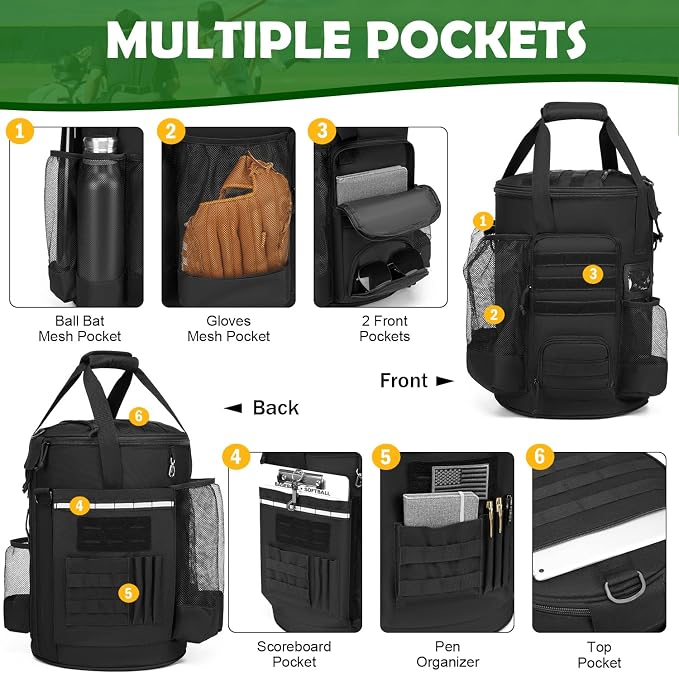 Baseball Bucket Bag, Softball Coaches Bags Fit 6 Gallon Buket | Baseball Coaching Accessories Organizer with Anti-Slip Bottom & Multiple Pockets for Bat, Gloves, Scoreboards