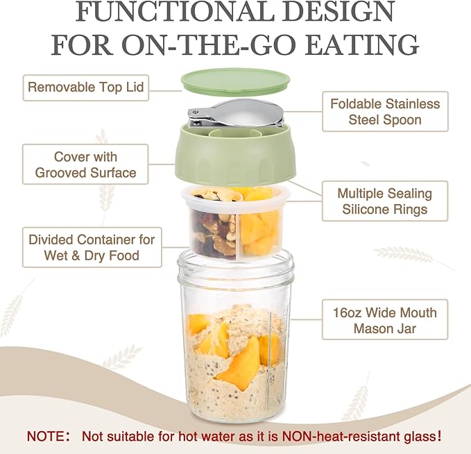 SOLIGT 2 Pack Overnight Oats Containers with Lids (White/Organic Green) | Folding Spoons and Divided Compartments for Fruit&Nuts, Small Glass 16oz Mason Jars for Oatmeal Yogurt Parfait