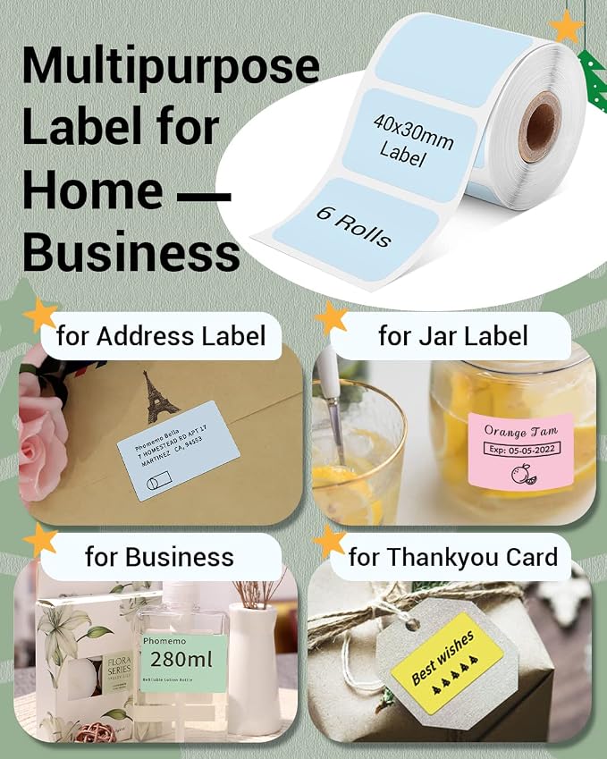 Phomemo Sticker Labels 1.57"x1.18"(40x30mm) 6 Rolls, for M110/M110S/M120/M200/M220 Printer - Pink/Blue/Khaki/Green/Yellow/Purple, for Small Business, Home, Office, Total of 1380 PCS