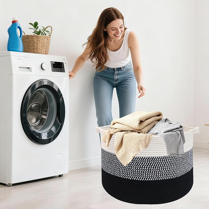 90L Extra Large Blanket Basket,Woven Rope Laundry Basket Hamper with Handles, Decorative Nursery Basket Storage Bin for Toys, Clothes Organizer, Living Room, Bedroom, Bathroom, Black
