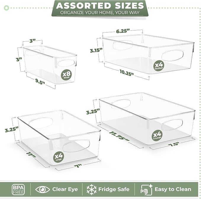 Sorbus Variety 20-Pack Clear Plastic Organizing Bins – Clear Bins for Organizing, Refrigerator Organizers, Fridge Organizer, Pantry Storage, Kitchen Organizer, and Pantry Organizers and Storage Bins