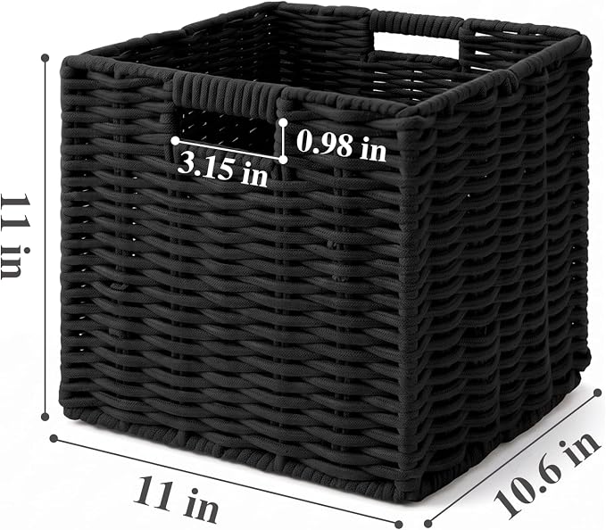 Cotton Rope Cube Storage Baskets Set of 2, 11 Inch Foldable Cubby Organizer Bins with Handles, Handwoven Square Basket for Organizing, Cube Closet Storage Bins for Shelves, Home Decor (Black 2 Pack)