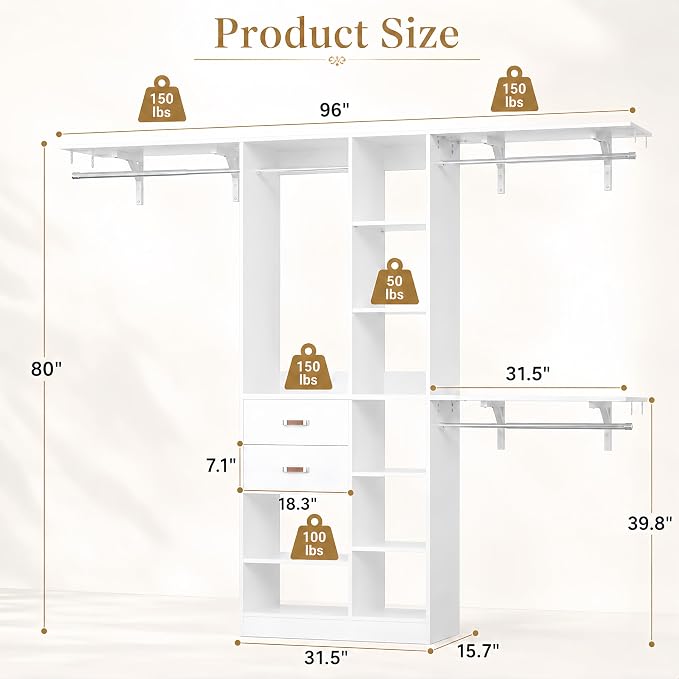 Upgraded 96 Closet System with 18 Storage Place, 8FT Closet Organizers System with 13 Shelves and 2 Wooden Drawers, 96'' Walk-in Closet with 4 Hanging Rods, Adjustable Garment Rack, White