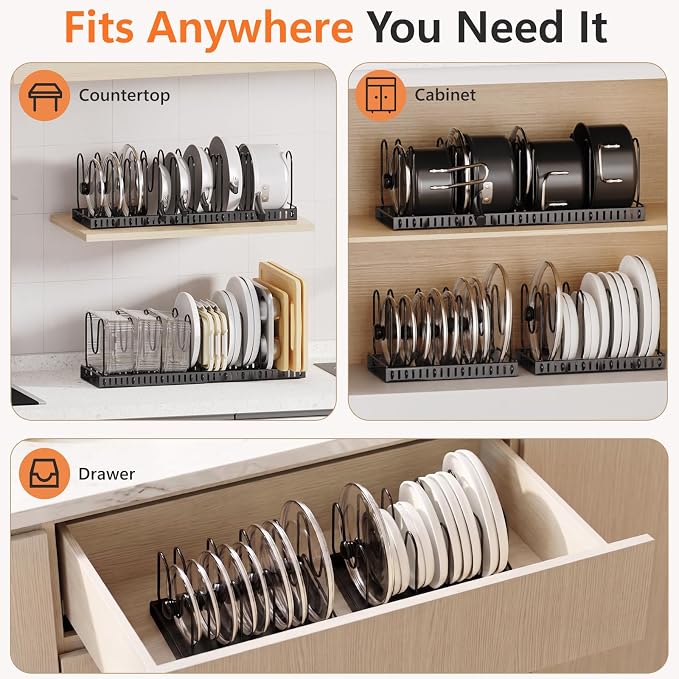 HzTinT Expandable Pots and Pans Organizer Under Cabinet, 12 Dividers | Pot Lid Organizer with Solid Steel Base, Pan Organizer with Adjustable Dividers for Pots, Pans, Cutting Boards & Bakeware.