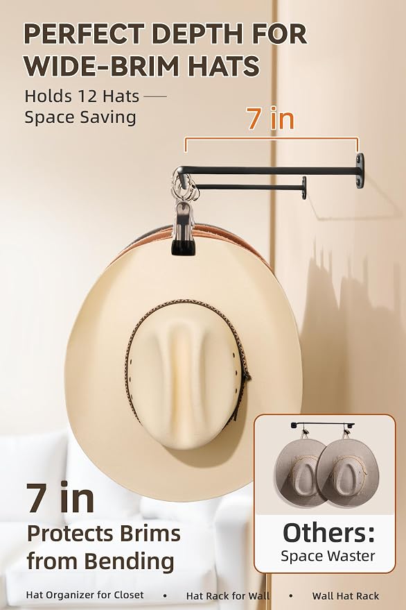Cowboy Hat Rack for Wall Cowboy Hats Hook 12 Clips Metal Cowboy Hat Hanger | Hat Organizer for Bucket Baseball Caps Sunhat Winter Beanies Fedora Hat Holder on Wall Women Men Closet Black 2 Pcs