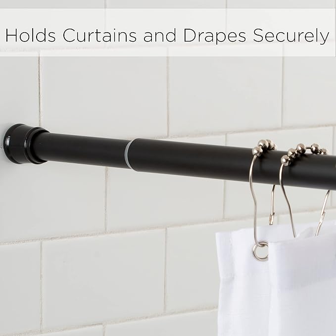 Tension Curtain Rod | Spring Loaded | Adjustable Expandable 42”-76” | Bathroom Shower Rod | Closet Pole | Room Divider | No Rust | No Drilling | Matte Black