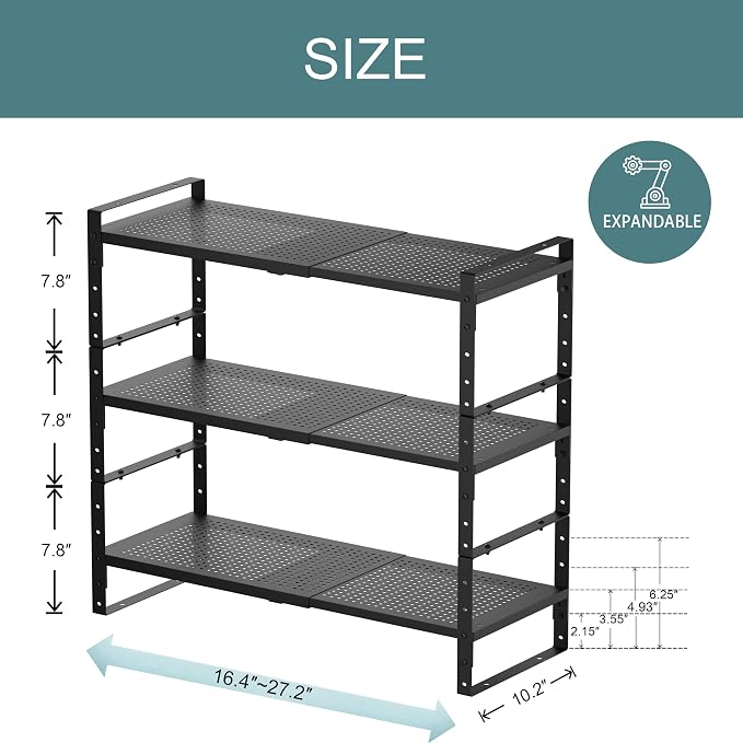 Expandable Shoe Rack Heavy-Duty Closet Organizer Adjustable Shelf Stackable Metal Framework for Entryway, Garage,RV,Pantry,Cabinet(Large,3 Packs/Black)