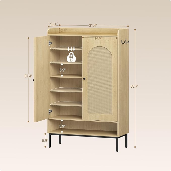 Hzuaneri Shoe Cabinet with Doors, 7-Tier Shoe Storage Cabinet with Adjustable Shelves, Wooden Shoes Organizer Cabinets with Top Storage Layer, 28-32 Pairs, for Entryway, Hallway, Rattan SR68702Y