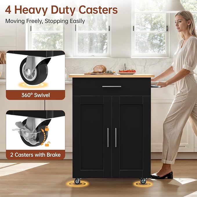 OtterOasis Kitchen Island Cart with Storage, Small Kitchen Island on Wheels with Large Drawer, Adjustable Shelf & Towel Rack, Rolling Island Table for Kitchen & Dining Room, Black