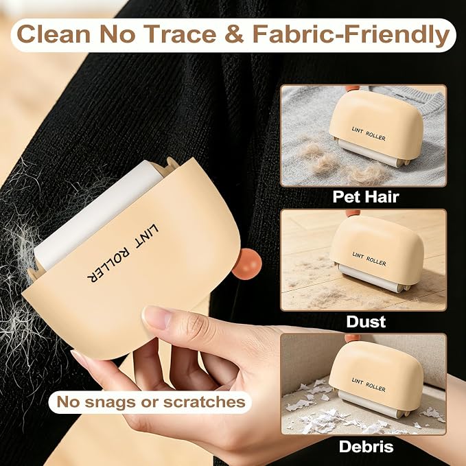Disposable Mini Lint Roller with 4 Refills, CreamyYellow | Portable, Easy Tear Residue-Free, Pocket-Sized for Travel Clothes, Furniture, Carpets, Pet Hair Remover, Fits in Wallet Bag