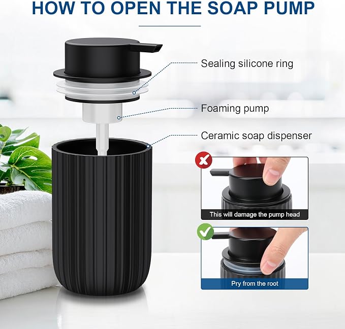 Ceramic Foaming Soap Dispenser, 12 oz Bathroom Foam Hand Soap Dispenser, Refillable Lotion Soap Dispenser with Removable Pump for Kitchen Hand Wash Dispenser, Modern Home Decor(2Pack-Black)