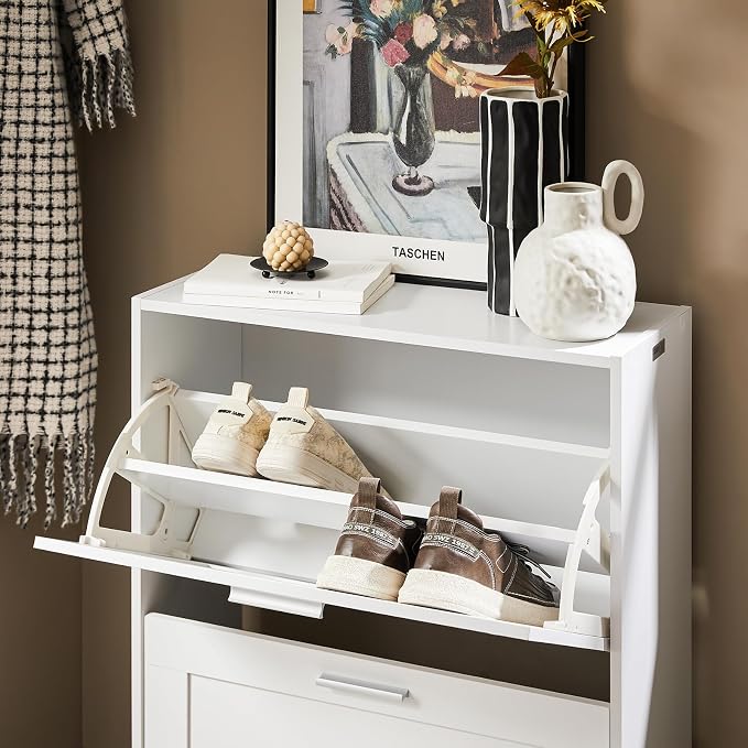 Hestiamo Entryway Flip Drawer Shoe Storage Cabinet, Narrow Size, White | 2-Tier Flip Drawer Shoe Cabinet With Dividers, Slim Freestanding Shoe Rack For Small Entryways, HUS-FSR137