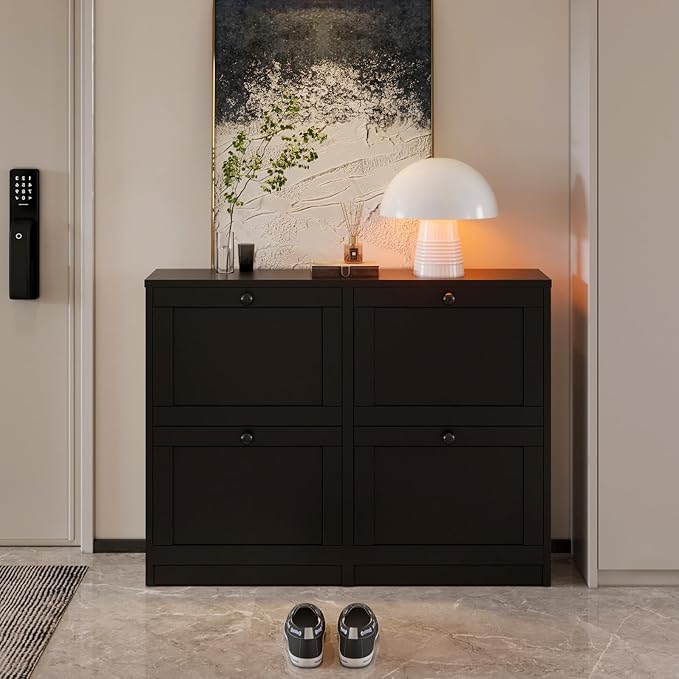 VOWNER Shoe Cabinet with 4 Flip Drawers, Freestanding Shoe Storage Cabinet with Adjustable Shelf & Anti-Tipping Device, Shoe Rack for Entryway, Hallway, Living Room (Black)