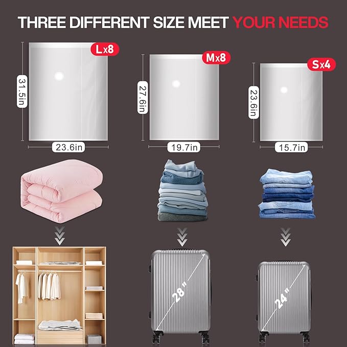 Vacbird 20 Pack Vacuum Storage Bags with Electric Pump - Space-Saving Compression Bags for Travel, Luggage & Suitcase Organization