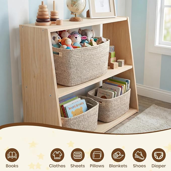 Storage Baskets for Organizing, 14 x 10 x 9” Closet Shelf Woven Baskets, Square Bins with Handles, Cotton Rope Basket for Clothes, Office, Room, Brown 1 Pack