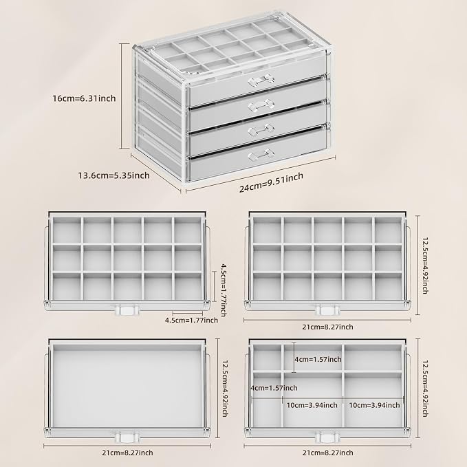 Clear Jewelry Organizer Earring Holder Organizer, Jewelry Box with 4 Drawers Clear Acrylic Stackable Earring Case with Adjustable Velvet Trays for Women and Girls, Grey