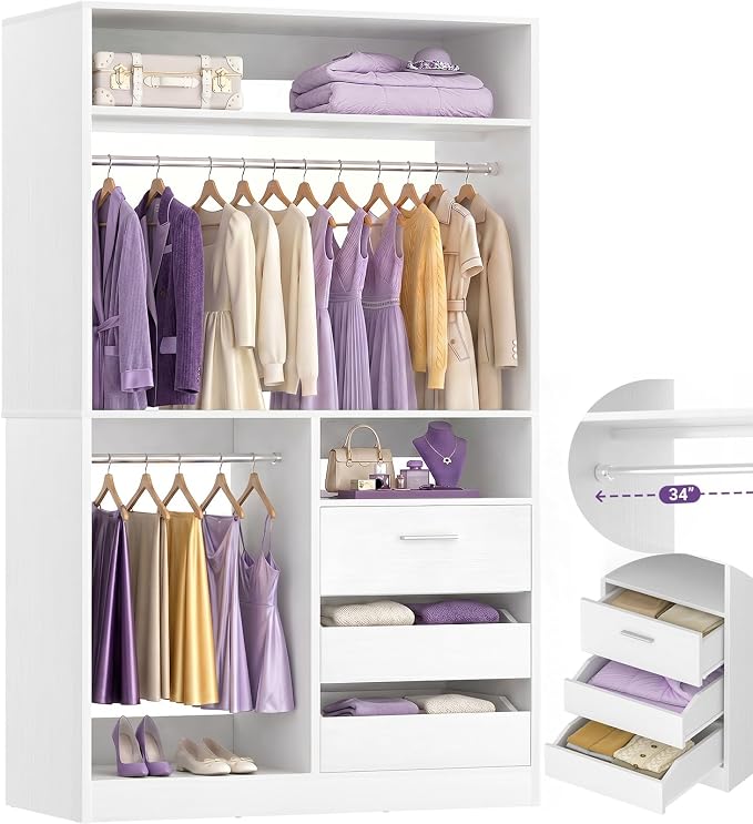 iSunirm 36'' Closet System with Long Hanging Rods, 3FT Modular Closet Organizer System with 4 Shelves, Wood Walk-in Closet with Closed & 2 Half-Open Drawers, 80" H Adjustable Garment Rack, White
