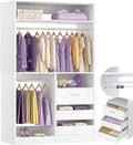 iSunirm 36'' Closet System with Long Hanging Rods, 3FT Modular Closet Organizer System with 4 Shelves, Wood Walk-in Closet with Closed & 2 Half-Open Drawers, 80" H Adjustable Garment Rack, White