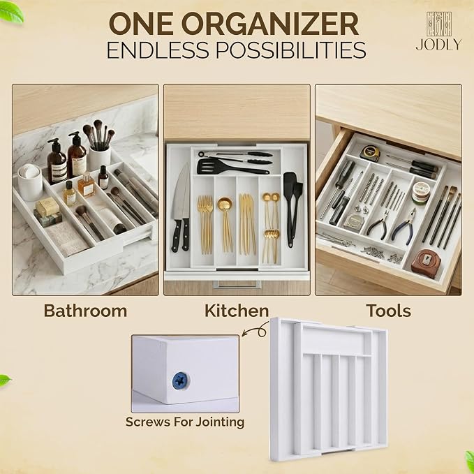 Bamboo Kitchen Utensil Drawer Organizer for Silverware | 100% Natural Expandable 14-20 Inch Kitchen Drawer Organizers for Utensils | Non-Slip Base | Screwed Joints for Long-Lasting Durability