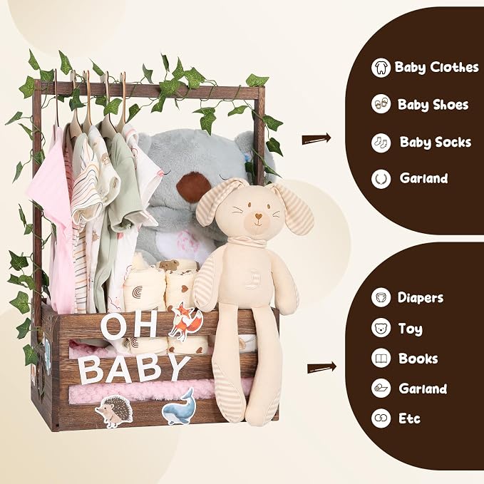 Baby Shower Gifts Basket Wooden Crate, Personalized Wooden Letters and Clothes Hangers New Born Baby Girl Boy Gifts Vine Decorations Cute Closet with Handle Pregnancy Gifts for New Mom Parents Brown
