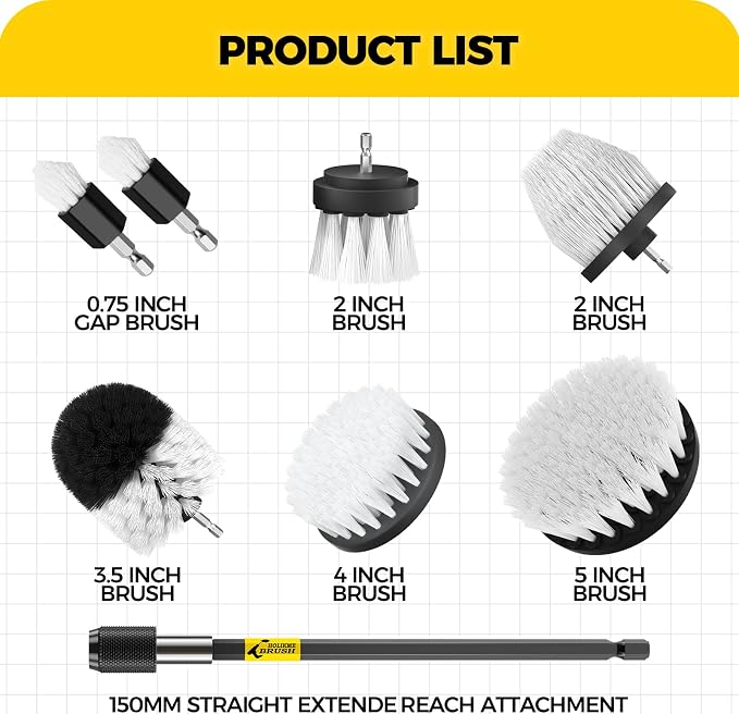 Holikme 8Pc Drill Brush Set - Scrub Brushes with Extension for Home Clean | Nylon Fibers, Power Scrubber Attachments for Tile, Tub, Shower, Floors, Kitchen and Auto Interior Care, Cleaning Tools, White