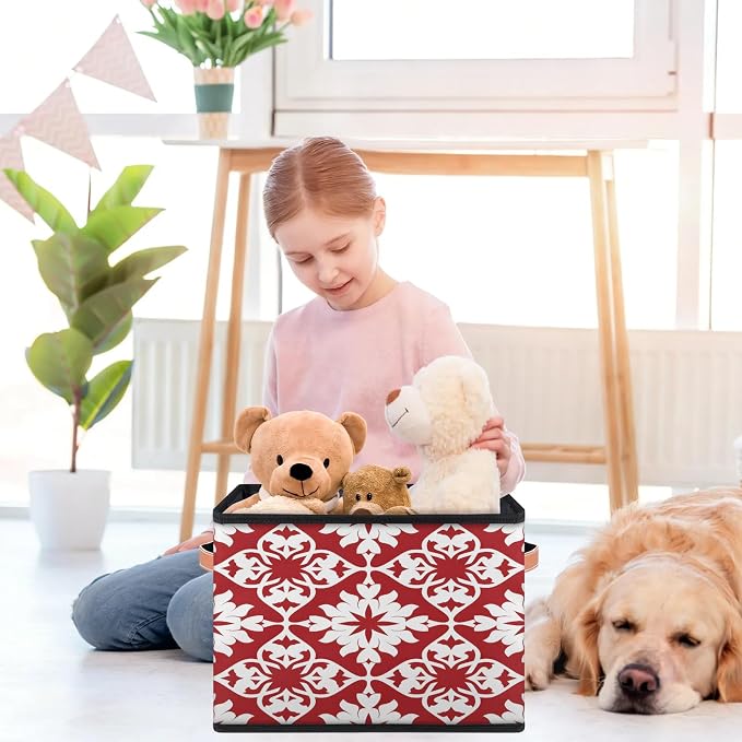 Mexican Tile Closet Storage Bin, Foldable Storage Baskets for Shelves, Decorative Shelf Organizer Red Mexico Tile Fabric Cube Bin for Living Room Bedroom Home Dorm