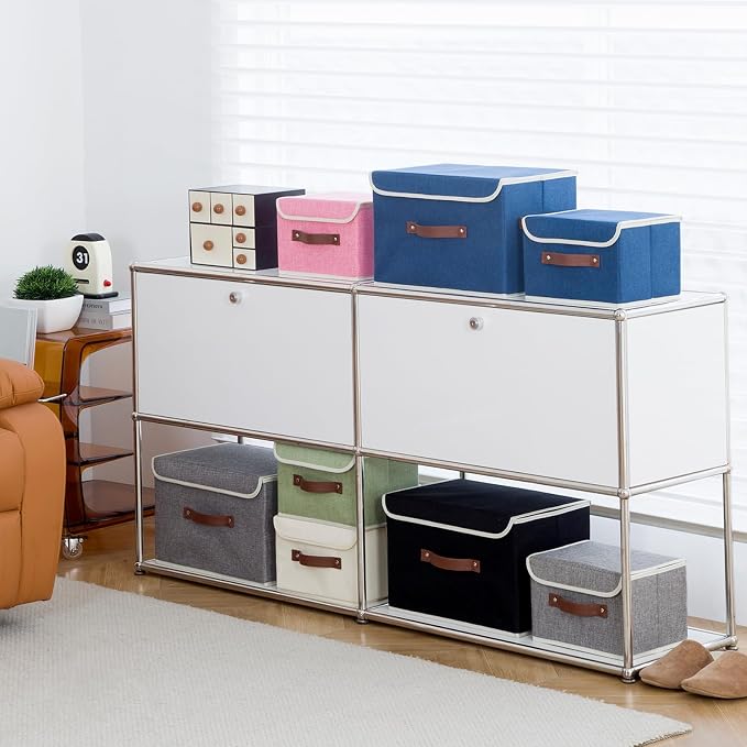 Collapsible Storage Boxes Baskets with Lid Cotton Linen Fabric Storage Bins with Faux Leather Handles Decorative Washable Cube Organizer Container for Home Closet Bedroom (Black, Large Size)