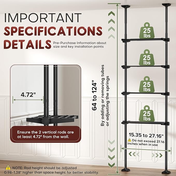 Goovilla Over The Toilet Storage Shelf, 4 Tier Bathroom Organizer Shelves with 64-124inch(H) 15-27inch(W) Adjustable No Drilling Tension Mounting, Black Space Saver Bathroom Shelf Rack Above Toilet