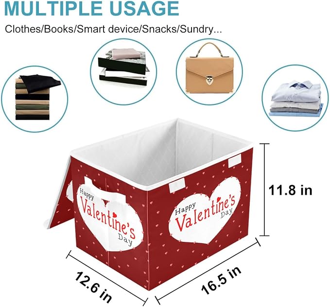 CaTaKu Large Fabric Storage Bins With Lids,Valentine's Day Hearts Storage Boxes With Handles for Organizing Clothes, Collapsible Storage Cube Bins Baskets for Shelves