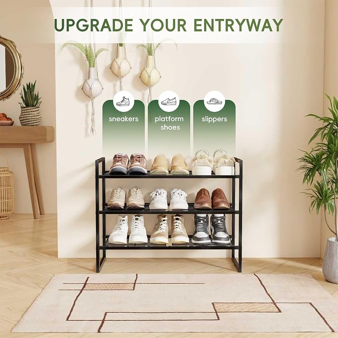 3 Tier Shoe Rack for Closet, 27 Inch Long Square Shoe Storage Organizer for Shelves, Heavy Duty Metal, Easy Assembly Stackable, Black