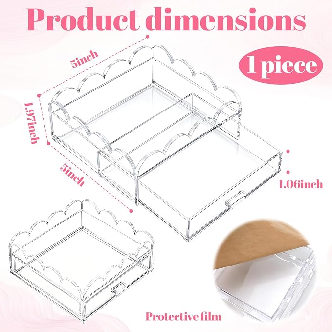 Acrylic Tray with Drawer 5" x 5" Scalloped Clear Acrylic Display Tray for Insert Needlepoint,Desk PMMA Organizer for Perfume Necklace Lipstick Cosmetic Bedroom Bathroom Napkin Tray